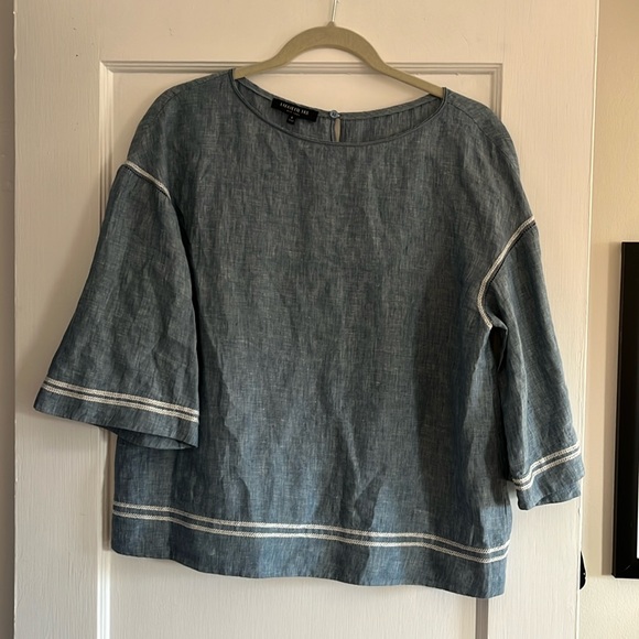 Lafayette 148 New York Gwendolyn Chambray Embroidered-Trim Blouse - Picture 3 of 9